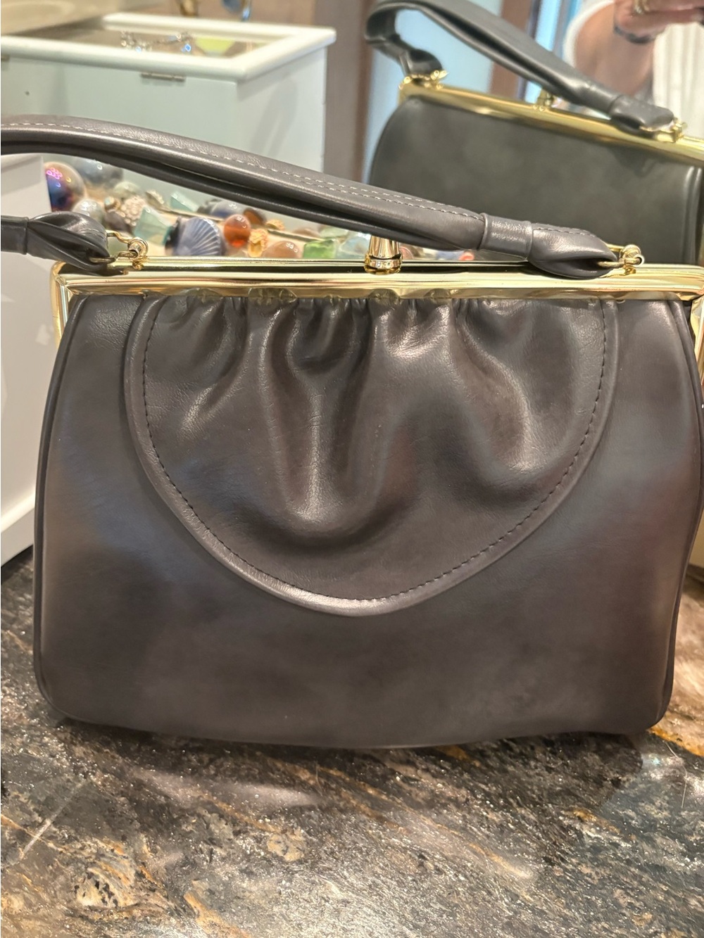 RARE VINTAGE DOVA Classic Structured Top Handle Bag Dark Gray GOLD HARDWARE